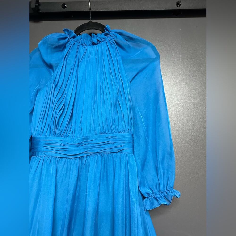 NWT Mac Duggal 68225 Chiffon Ruched Illusion Raglan Sleeve Ruffled Gown Ocean 4 - Picture 5 of 7